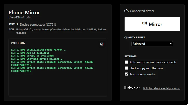 Clean interface with device status, quality presets, and settings