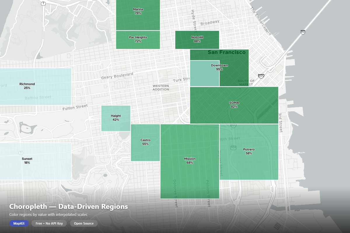 Choropleth — data-driven region coloring with interpolated scales