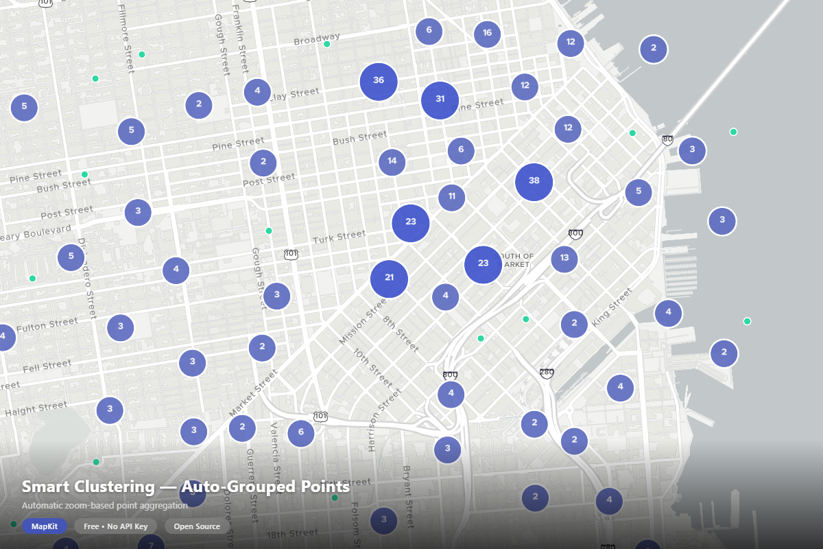 Clustering — auto-grouping markers with zoom-based expansion