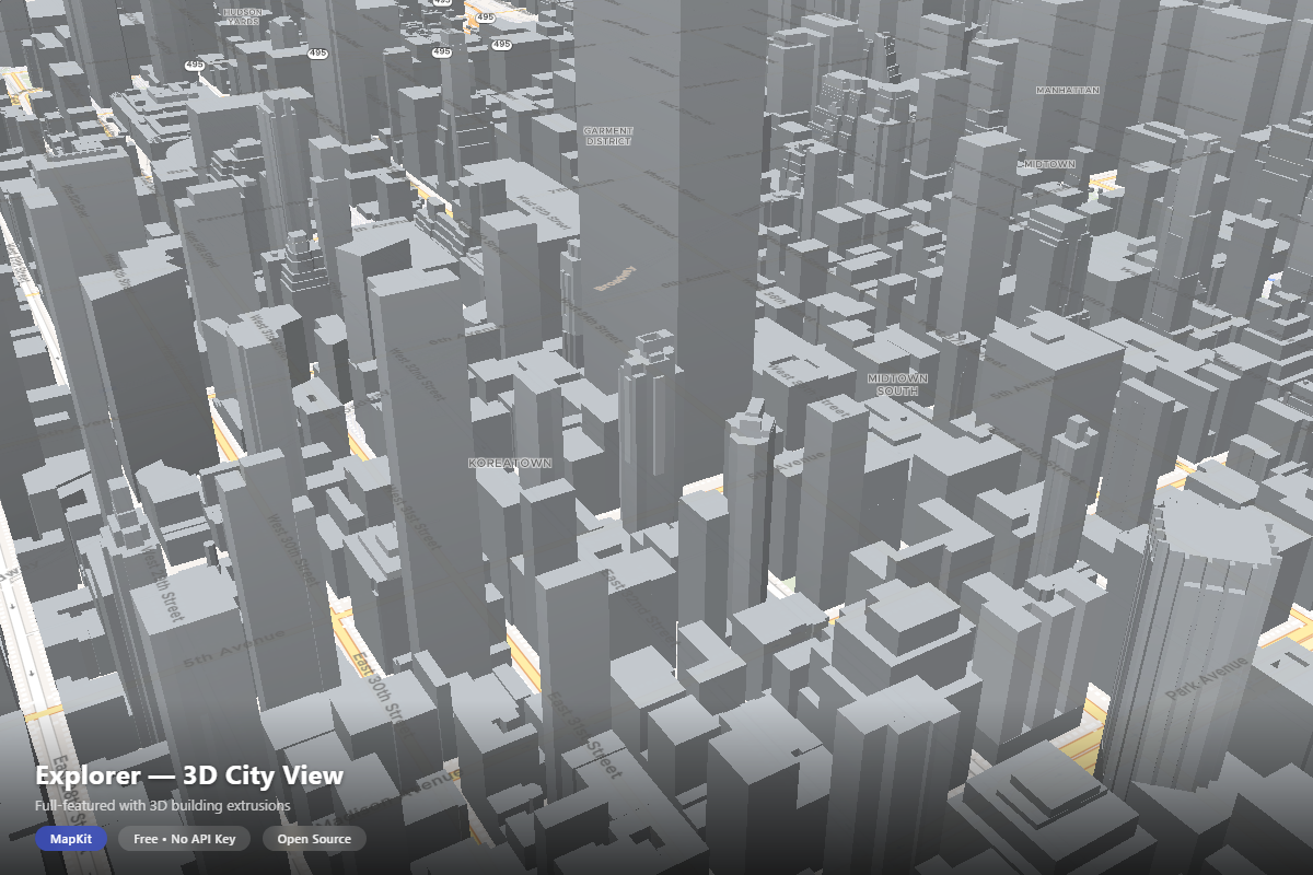Explorer theme — full-featured 3D city view with building extrusions