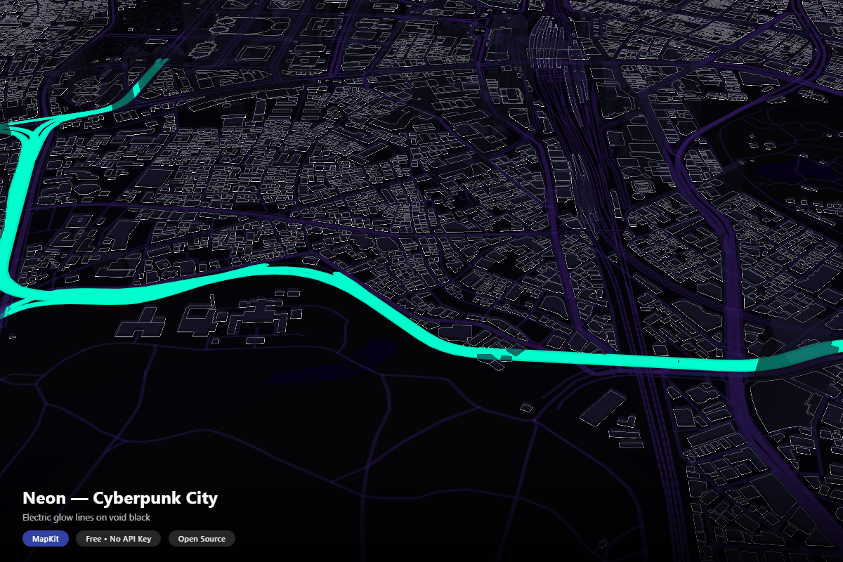 Neon theme — cyberpunk aesthetic with glowing route lines