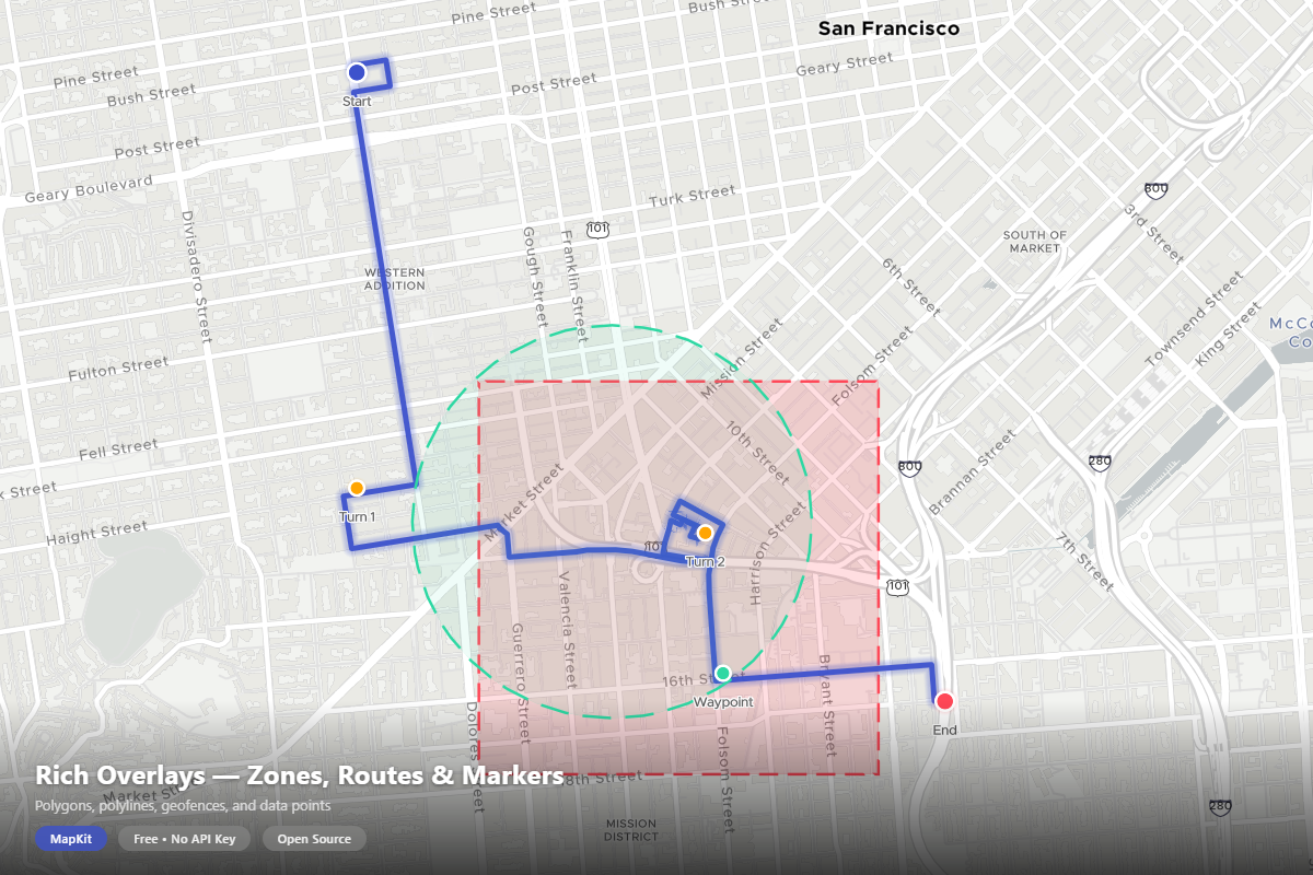 Routes and zones — polyline overlays with glow effects