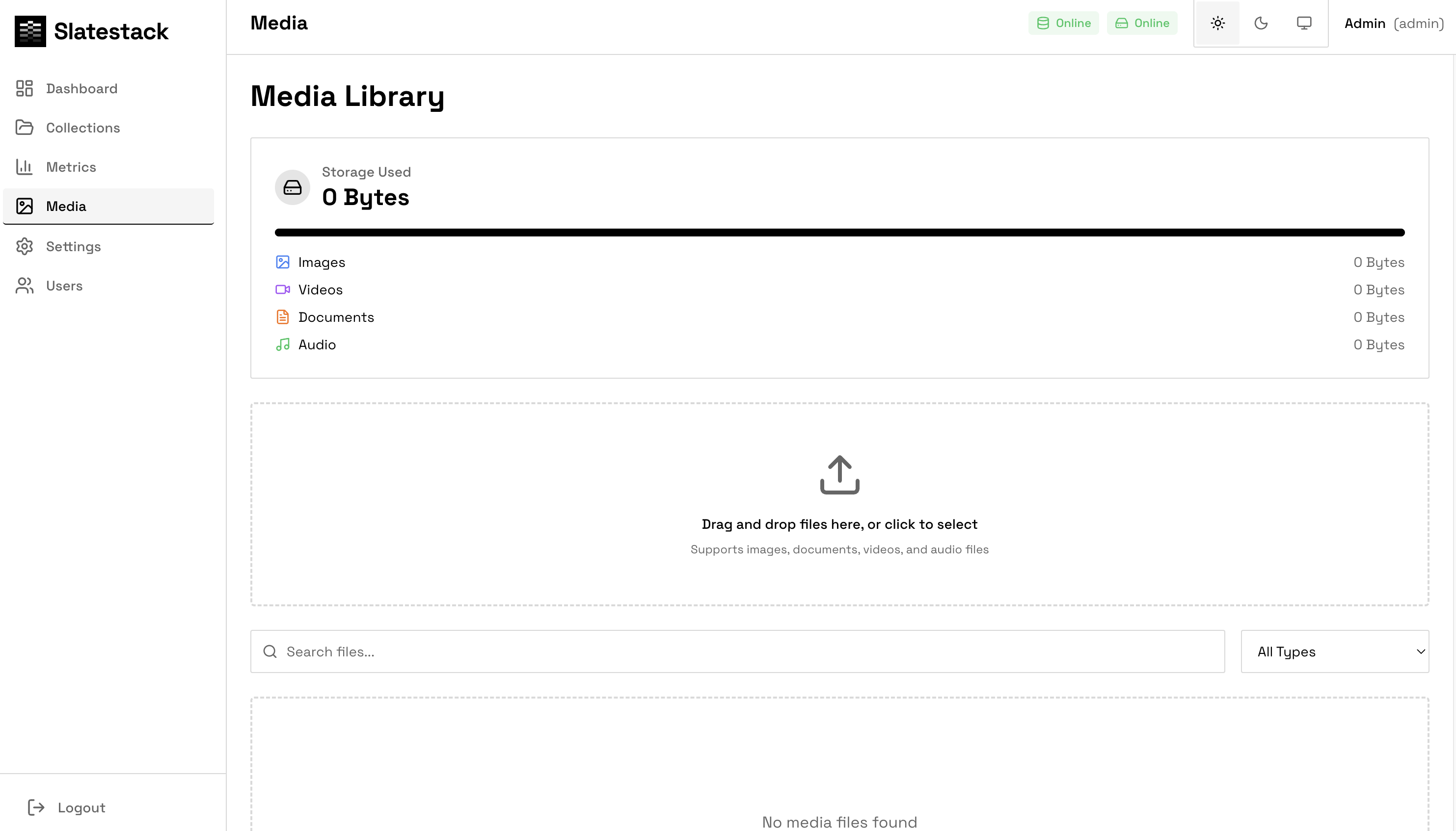 Local media library with storage breakdown and drag-and-drop uploads